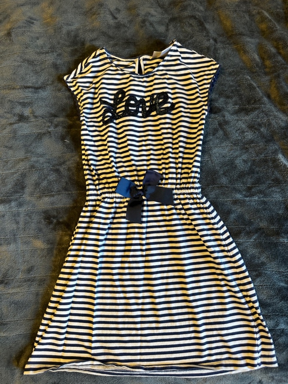 Flapdoodles Navy and White Striped Dress with Sequin 'Love' and Bow